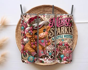 Weihnachtliche Hochlandrind-Becherfolie (20 oz) als PNG-Datei, Cowgirl-Leoparden-Schleife mit Strasssteinen für glamouröse Sublimation, Western-Festtags-Becherfolie (schmal) zum Download