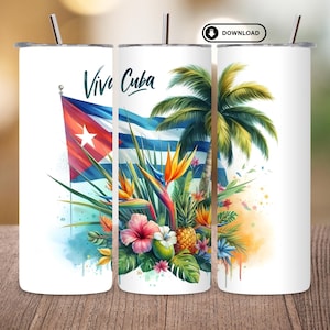 Puede incluir: Vaso blanco con un diseño que presenta la bandera cubana, una palmera y flores tropicales. Las palabras "Vive Cuba" están escritas en una fuente de escritura. El diseño incluye una piña, hibisco y aves del paraíso.