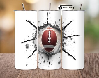 3D American Football Tumbler Wrap PNG , 20oz Skinny Sublimation Design, Cracked Hole Football Effect , Digital Download