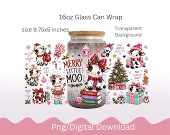 Weihnachtskuh-Design für 473-ml-Libbey-Glasdosen (PNG), niedliche Kuh mit rosa Schleife (Sublimation), fröhlicher kleiner Kuh-Weihnachtsbecher (digitaler Download)