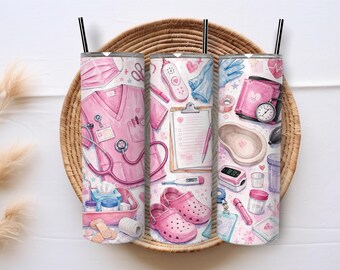 Pinkfarbene Krankenschwester-Becherhülle (20 oz, schmal) – PNG-Datei, Sublimationsdesign für den Pflegeberuf, Geschenkidee für medizinische Fachkräfte (RN), Digitaler Download für den Gesundheitsbereich