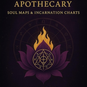 May include: A book cover with the text "FLAMING LOTUS APOTHECARY" in gold lettering. Below, it reads "SOUL MAPS & INCARNATION CHARTS". The cover features a purple lotus flower with a gold flame and geometric design.