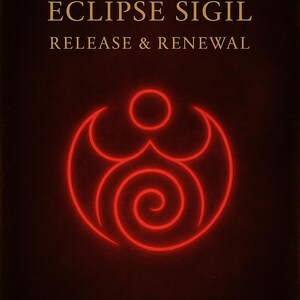 Op de afbeelding: Donkerbruine achtergrond met gouden tekst: "BLOOD MOON ECLIPSE SIGIL RELEASE & RENEWAL". Een gloeiend rood sigil in het midden. De tekst "Sacred Sigil Guide" staat onderaan.