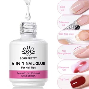 Puede incluir: Una botella blanca de "BORN PRETTY 6 IN 1 NAIL GLUE" con una etiqueta rosa, 15 ml/0.5 Fl. Oz. La imagen muestra los usos del producto: gel base, gel de extensión, pegamento para puntas de uñas, fortalecedor de uñas, gel acuarela y capa superior.