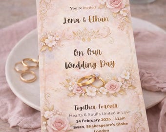 May include: A wedding invitation with a floral design. The invitation reads "You're invited" and includes the names "Lena & Ethan". The invitation also includes the text "On Our Wedding Day" and "Together Forever". Gold wedding rings are featured.