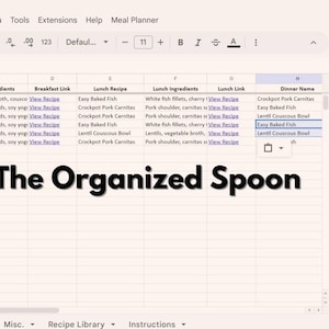 Planilha de Planejador de Refeições Digital e Biblioteca de Receitas | Modelo Editável do Planilhas Google com Dados de Exemplo e Instruções