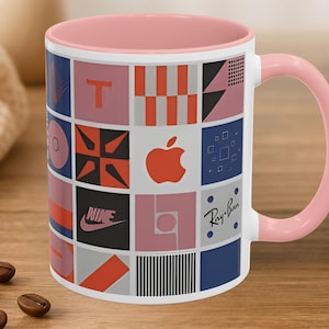Modern Graphic Logo Coffee Mug, Iconic Brand Mosaic Ceramic Cup, Streetwear Pop Art Decor, Unique Designer Gift, Red Blue Pink Pattern