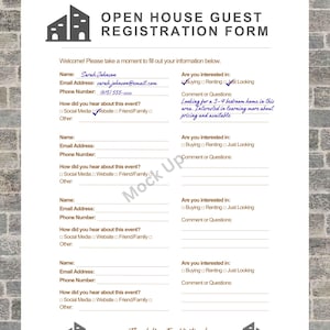May include: Open House Guest Registration Form on white paper with a brick background. The form includes fields for name, email, and phone number. It also asks how the guest heard about the event and their interest in buying or renting.