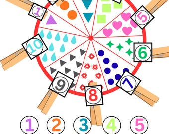May include: A colorful educational counting wheel with numbers 1-10. Each section features a different shape and quantity, secured by wooden clothespins. Numbers 1-10 are also displayed below the wheel. A fun learning tool for children.