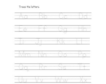 Tracciare le lettere dell'alfabeto dalla A alla Z, esercizi di scrittura a mano per bambini, abilità di scrittura prescolare, schede di apprendimento precoce, attività di homeschooling