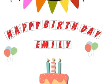 Happy Birthday Banner Printable | Red Letters + Numbers 0–9 | Cake and Balloons | Kids Party Decoration | Printable
