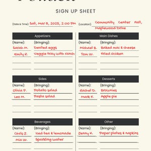 Pode incluir: Um planejador de potluck creme com texto preto e um elemento decorativo superior. O planejador inclui seções para aperitivos, pratos principais, acompanhamentos, sobremesas, bebidas e outros itens, com espaço para nomes e o que eles estão trazendo.