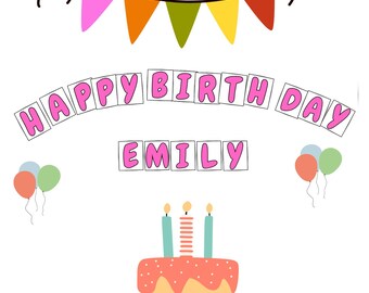 May include: A birthday-themed illustration with a cake, balloons, and a banner. The words "HAPPY BIRTH DAY EMILY" are displayed in pink letters. The cake has three candles and pink frosting.