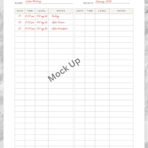 Könnte beinhalten: Ein Blutzuckerprotokoll mit der Überschrift "Blood Sugar Log". Es enthält Felder für Name, Monat, Datum, Uhrzeit, Wert und Notizen. Die Beispieldaten zeigen Blutzuckerwerte in mg/dL.