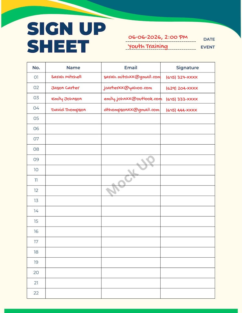 Event Sign up Sheet, Volunteer Registration Log, Meeting Attendance ...