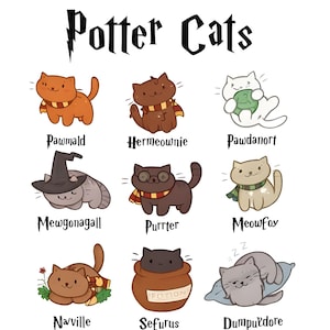 May include: A white background features a cartoon illustration of nine cats, each representing a character from the Harry Potter series. The text "Potter Cats" is at the top. Each cat is drawn in a unique pose and color, with names like "Pawmald" and "Hermieownie" below.