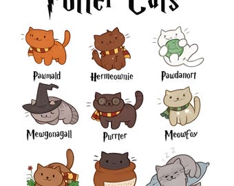 Arte de magos adorables de Potter Cats, personajes felinos mágicos, ilustración de gatos de fantasía, decoración acogedora para nerds, gatitos divertidos de libros de hechizos