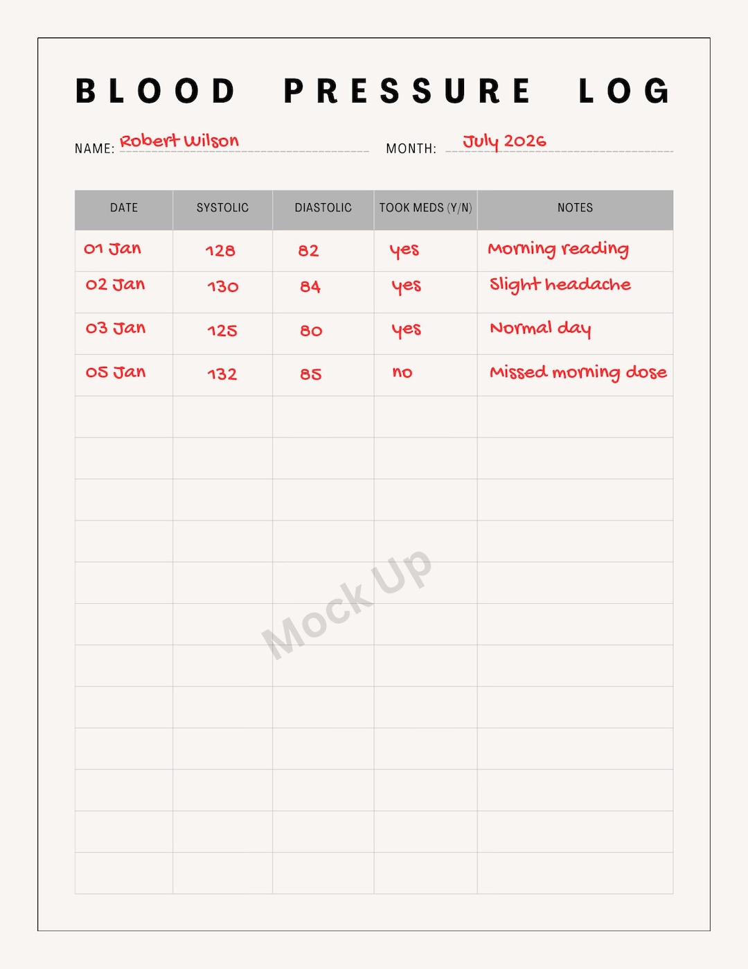 Blood Pressure Log Sheet, Medication Tracking BP Chart, Daily Blood ...