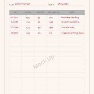 May include: A blood pressure log titled "BLOOD PRESSURE LOG". The log includes fields for name, month, date, systolic, diastolic, medication, and notes. The name "Robert Wilson" and the month "July 2026" are pre-filled.