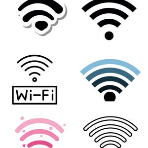 May include: A collection of six Wi-Fi signal icons in various styles. The icons feature curved lines radiating from a central point, with some in black, blue, and pink. One icon includes the text "Wi-Fi."