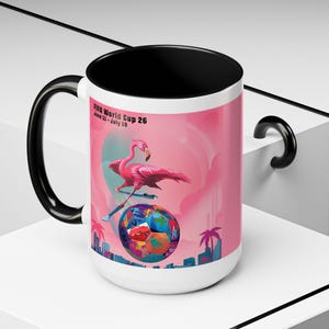 FIFA World Cup 26 Mug, Pink Flamingo Soccer Ceramic Coffee Cup, Football Tournament Miami Art Design, Minimalist Sports Fan Office Gift