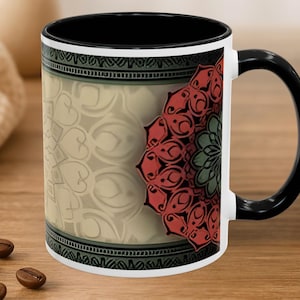Tribal Mandala Coffee Mug, Red Green Medallion Ceramic Tea Cup, Bohemian Sacred Geometry Art, Black Accent Rim Handle Drinkware, 11oz Gift