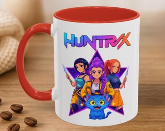Huntrix Kpop Demon Hunters Mug, Anime Trio Art, Accent Black Handle Rim, Gamer Desk Cup, Gift Idea Fans, Rumi Zoey Mira Style