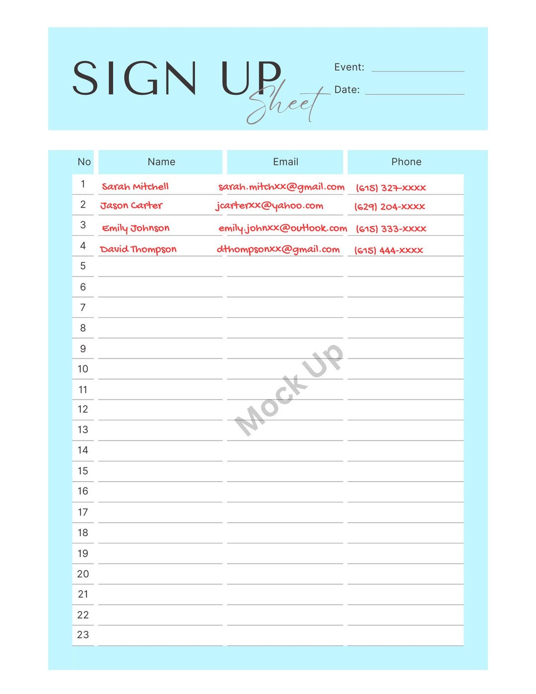 Event Sign Up Roster Event Sign up Sheet, Contact List Organizer, Meeting Attendance Tracker ...