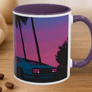 Synthwave Car Coffee Mug,Retro 80s Neon Sunset Ceramic Cup,Vaporwave Aesthetic Palm Tree Drinkware,Outrun Sports Gamer Vibe Unique Gift