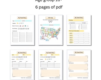 May include: A white PDF document titled "Travel Diary" with the text "Age group 10+" and "6 pages of pdf." The document includes pages for recording travel details, a USA map, and planning sections.