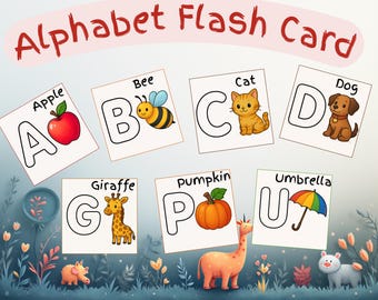 May include: Alphabet flash cards featuring colorful illustrations of an apple, bee, cat, dog, giraffe, pumpkin, and umbrella. Each card displays a letter of the alphabet. The text "Alphabet Flash Card" is at the top.