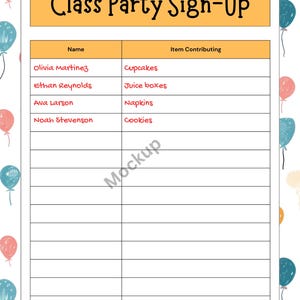 Può includere: Un foglio di iscrizione bianco con il testo "Class Party Sign-Up" in nero. Il foglio ha un'intestazione gialla e una tabella con colonne per nomi e articoli. I nomi Olivia Martinez, Ethan Reynolds, Ava Larson e Noah Stevenson sono elencati con i loro contributi.