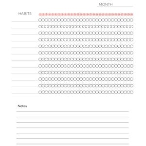 Puede incluir: Un rastreador de hábitos imprimible blanco con el título "Habit Tracker" en gris. El rastreador incluye una sección para hábitos, un indicador de mes y espacios para rastrear el progreso diario. Los días están numerados del 1 al 30.