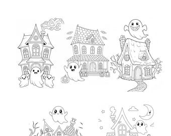 Puede incluir: Ilustración en blanco y negro con el texto "Haunted Cottage". La imagen muestra cinco casas encantadas diferentes, cada una con fantasmas y elementos de Halloween.