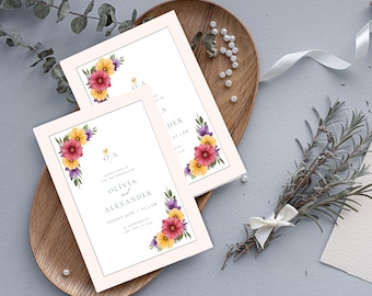 Plantilla de invitación de boda con diseño floral en acuarela: Diseño editable en Canva (descarga digital)