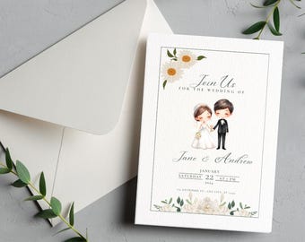 Plantilla de invitación de boda editable / Dibujos animados de novios / Invitación floral imprimible / Descarga digital de Canva / Canva Davetiye