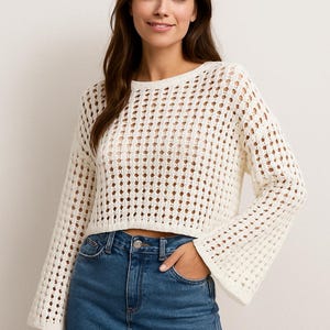Women&#39;s White Crochet Knit Blouse, Loose-Fit Mesh Sweater, One-Size Openwork Long Sleeve Top, Summer Beach Cover-Up,Bohemian Festival Outfit