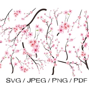 Op de afbeelding: Waterverfillustraties van kersenbloesemtakken met roze bloemen en donkerbruine stelen. De afbeelding bevat de tekst "SVG / JPEG / PNG / PDF" onderaan, die bestandsformaten aangeeft.