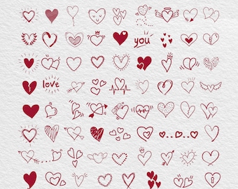 Paquete de 70 SVG de corazones rojos dibujados a mano / Clip art de corazones garabatos / PNG / Silueta de Cricut / Paquete SVG de corazón / Corazones garabatos dibujados a mano