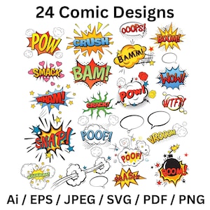 Puede incluir: Un conjunto de 24 diseños de cómics con texto y elementos gráficos vibrantes. Los diseños incluyen palabras como "POW", "CRUSH" y "BAM!" en diversas fuentes y estilos, con estrellas y bocadillos. La imagen también enumera formatos de archivo.