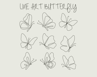 Paquete SVG de arte lineal de mariposas: Clipart de mariposas de 9 líneas (descarga digital)