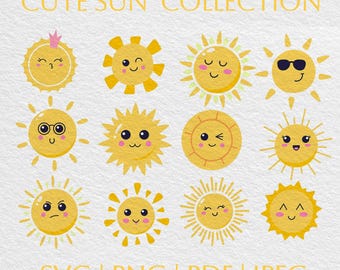 Lindo paquete SVG de sol / Clipart de sol y sol / PNG / Vector / Archivos de corte Cricut / Descarga digital