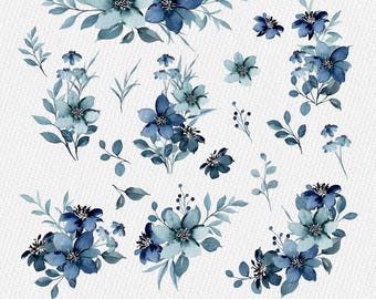 Conjunto de imágenes prediseñadas de flores de acuarela azules / Paquete de PNG florales (descarga digital)