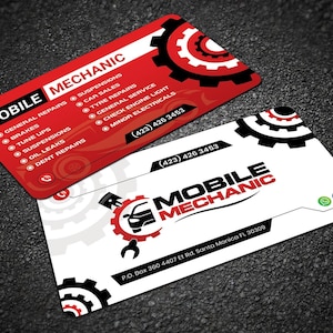 Op de afbeelding: Twee visitekaartjes voor een mobiele monteur. Eén kaart is rood en zwart met de woorden "Mobile Mechanic" en een lijst met diensten. De andere kaart is wit met hetzelfde logo en contactgegevens.