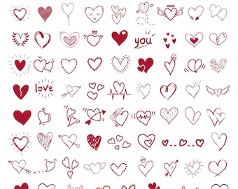 Paquete SVG de corazón rojo / Corazones dibujados a mano / Clipart de amor PNG / Archivos de diseño de Cricut / Descarga digital