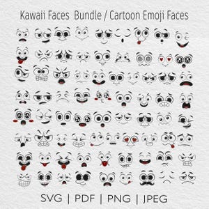 Op de afbeelding: Een verzameling cartoon emoji gezichten in zwart en wit, met verschillende uitdrukkingen zoals blij, verdrietig, boos en verrast. De tekst "Kawaii Faces Bundle / Cartoon Emoji Faces" staat bovenaan, met bestandstype-opties eronder.
