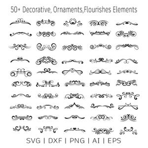 May include: Black and white decorative flourish elements. The image features over 50 different ornamental designs, including swirls, curls, and decorative lines. The text at the top reads "50+ Decorative, Ornaments, Flourishes Elements".