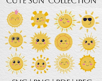 Lindo paquete SVG de sol / Clipart de sol y sol / PNG / Vector / Archivos de corte Cricut / Descarga digital