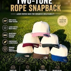 May include: A collection of two-tone snapback hats with white crowns and colored brims, each featuring a decorative rope detail across the front. The hats include laser-vented back panels for breathability and an adjustable snapback closure.