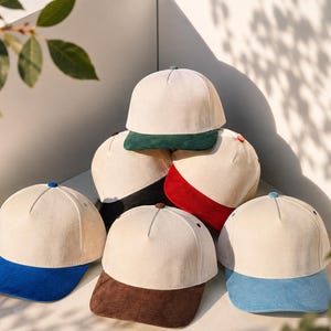 May include: A collection of six baseball caps with cream-colored crowns and contrasting brims in various colors including dark green, red, black, brown, royal blue, and light blue. Each cap features a five-panel construction and a top button.